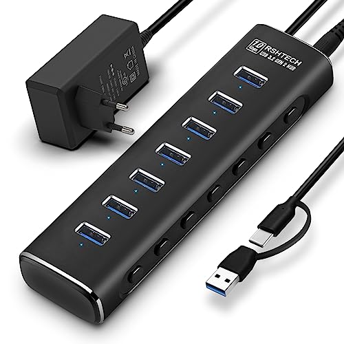 USB 3.2 Hub Aktiv mit Netzteil, RSHTECH Aluminium USB Hub 3.1 Gen2 mit 7*USB 3.2-Datenport (10Gbps), 2-in-1 Datenkabel (Typ-A&C, 100cm), 24W(12V/2A) Netzteil, 7-Port Daten Hub USB Verteiler, RSH-A107