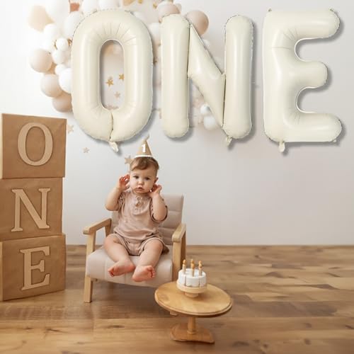 Image of 40 Inch Beige One Balloons for 1st Birthday, Cream White Sand One Balloon Letters with Ribbon, Neutral Ivory Alphabet One Balloon for Boys Girls First Birthday 1 Year Old Baby Shower Party Decorations