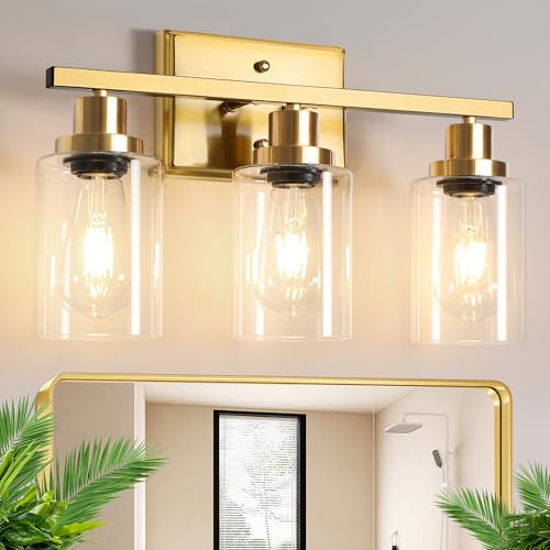 Image of Ascher Bathroom Vanity Light Fixtures, 3 Light Wall Sconces Lighting with Clear Glass Shade, Gold Wall Lights for Mirror, Kitchen, Living Room, Gallery, E26 Base (Bulbs Not Included)