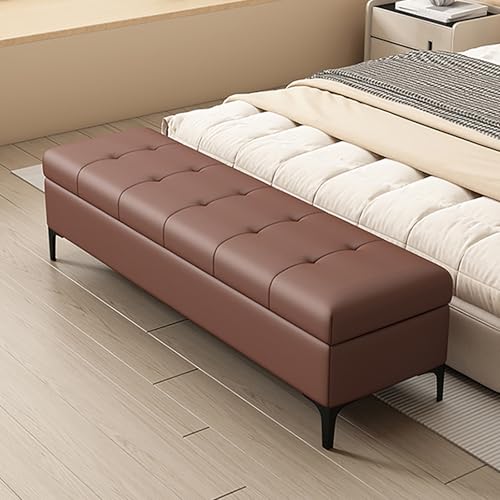 Banc ottoman de rangement en cuir marron café 90x40x45cm