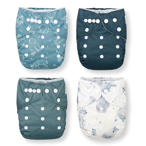 Image of Nora's Nursery Cloth Pocket Diapers 4 Pack with 4 Inserts - Waterproof Cover, Washable, Reusable & One Size Adjustable Pocket Diapers for Newborns and Toddlers - Mama Bear