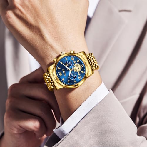 Image of OLEVS Men Watches Stainless Steel Chronograph Watch, Large Wrist Analog Quartz Watch, Fashion Waterproof Diamond Roman Numerals Dress Watches for Men, Gold /Black /White /Blue /Grey Dial