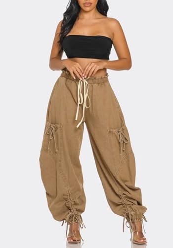 Women's Barrel Pants Y2k Baggy Cargo Jeans High Waisted Bow Tie Denim Pants with Drawstring Streetwear4
