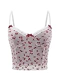 SOLY HUX Women's Cherry Print V Neck Summer Cami Top Bow Lace Trim Sleeveless Summer Crop Tops Red and White S
