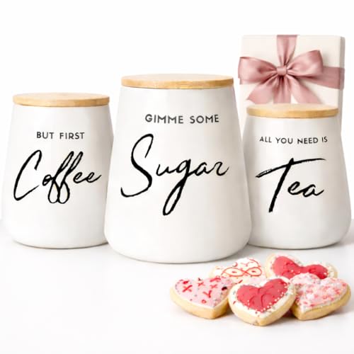 FIFTH FORK Coffee Tea and Sugar Ceramic Canister Set with Bamboo Lids - 3-Piece Airtight Kitchen Canisters for Countertop - Coffee Bar Container Set