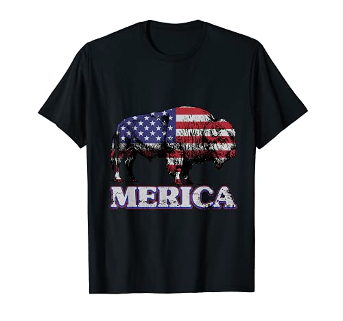Merica Bison Buffalo 4 luglio Bandiera Americana Maglietta