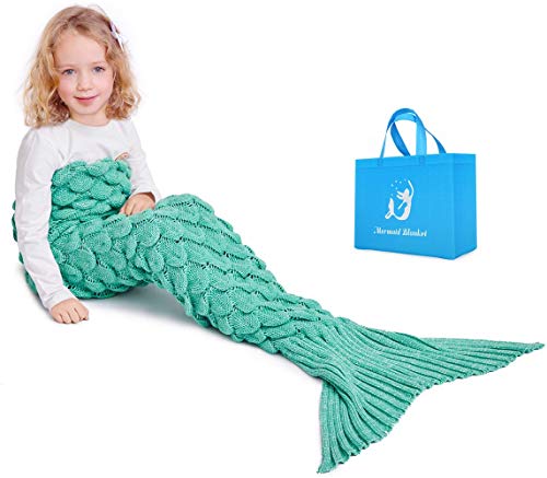 Mermaid Schwanz Strickdecke für Kinder, Häkeln Meerjungfrau Schwanz Decke Gestrickte Schlafsack, All Seasons Fischschwanz Decken Sofa Quilt (Grün)
