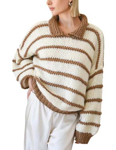 Lentta Womens Striped Sweater Crewneck Drop Shoulder Long Balloon Sleeve Oversized Knit Pullover