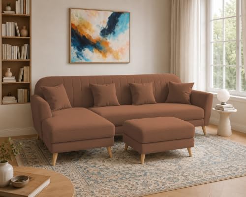 Image of Atticus LHS 6 Seater L Shape Sofa Set with Ottoman Living Room (Brown Colour Fabric) Premium Fabric Sofa Set for Living Room