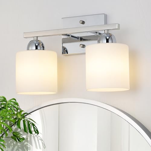 Image of Mecgirn Stainless Steel Milk Glass Vanity Lights for Bathroom, 2 Light Chrome Bathroom Light Fixtures Over Mirror, Ceramic E26 Sockets Wall Mounted