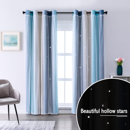 Image of indistar Star Blackout Curtains for Girls Kids Bedroom, Colourful Stripe Window Curtain Panels, 2 Layer Lace Drapes, Room Darkening Curtain for Living Room Decor, 1 Panel(Blue W52 x L90 inch)