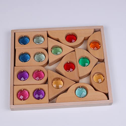 Image of 12PCS Acrylic Gem Fairytale Windows Blocks,Translucent Cubes Stacking Toys, Sparkling Acrylic Toy Wooden Stacking Blocks,Open Ended Play Montessori Educational Wooden Toys