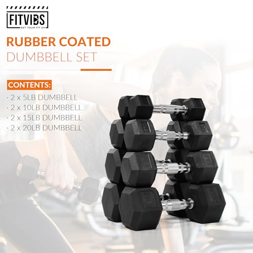 Image of Fitvids 100LB Rubber Encased Hex Dumbbell Weight Set Contoured Handle for Muscle Toning, Strength Building & Full Body Workout