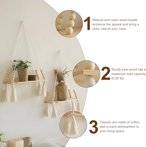 Image of Bohemian Macrame Hanging Wall Art Shelf - Rustic Wood Swing Decor with Beads & Tassels - Includes Adhesive Hook - Floating Plant Holder