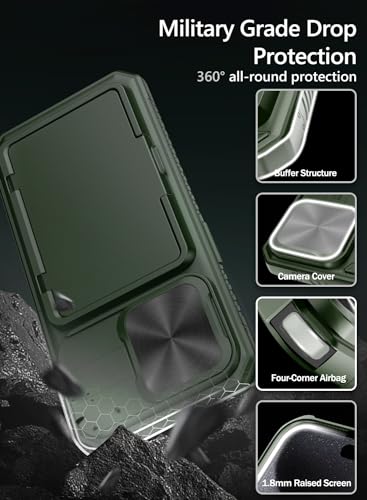 Image of Vihibii PC For iPhone 15 Pro Wallet Back Cover With Card Holder (4 Cards) & Slide Camera & Kickstand, Shockproof Case For iPhone 15 Pro 6.1 inch 2023, Green