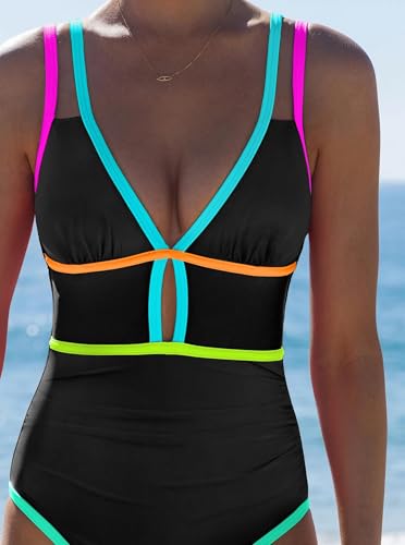 Image of popvil Women One Piece Swimsuit 2026 Tummy Control Sexy Cutout Neon Color Block Bathing Suit Slimming Adjustable Swimwear