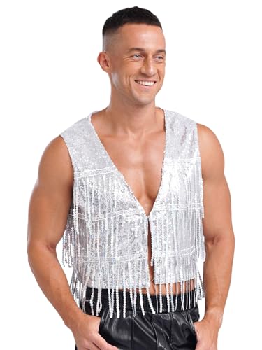 YiZYiF Men's Sequin Fringe Vest Sparkly Open Front Waistcoat Sleeveless Jackets Disco Vest Coat Tops2