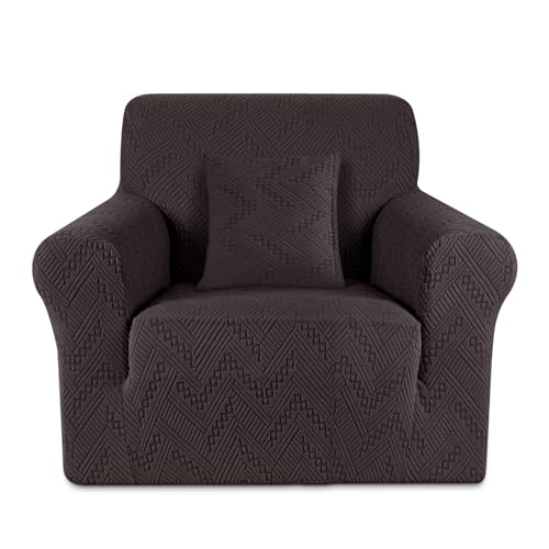 Ruaozz-Stretch-Chair-Sofa-Slipcover-1-Piece-Chair-Cover-with-Arms-Non-Slip-Armchair-Cover-Soft-Jacquard-Furniture-Protector-with-1-pcs-Throw-Pillow-Cover-1-Seater-Chocolate Ruaozz Stretch Chair Sofa Slipcover 1 Piece Chair Cover with Arms Non Slip Armchair Cover Soft Jacquard Furniture Protector with 1 pcs Throw Pillow Cover 1 Seater Chocolate