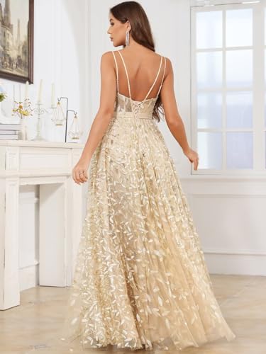 Sequin Prom Dresses 2025 Long Tulle Lace Spaghetti Straps Evening Gown with Slit A Line V Neck Formal Dress2