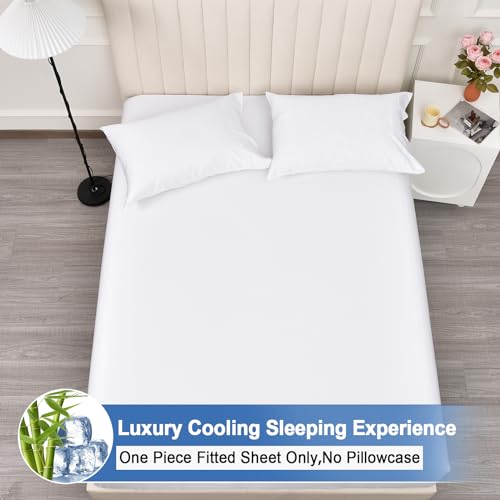 PHF 100% Rayon Derived from Bamboo Cooling Fitted Sheet King Size for Hot Sleeper, 16" Deep Pocket, 2.5cm Wider Strong Elastic Easy Fit, Breathable Silky Smooth Soft,78"x 80",White, No Pillowcases