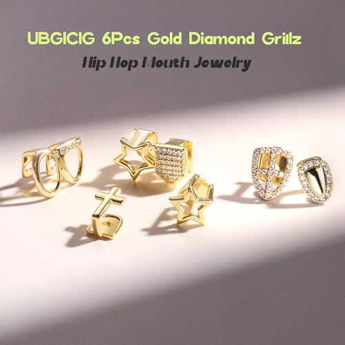 UBGICIG 6Pcs Dental Grillz, Single Grills for Your Teeth, Gold Plated Tooth Cap Fake Grill, Diamond Grillz Teeth for Men Women, Vampire Faux Halloween Top Teeth Kit, Hip Hop Jewelry with Molding Bars4