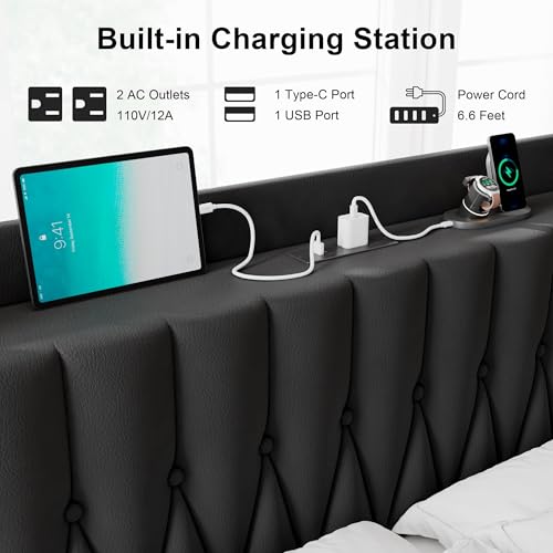 Image of Queen Bed Frame with Fast Charging Station, Leather Queen Size Metal Platform Beds with Upholstered Headboard & Footboard,12 inch Underbed Storage Space,Easy Assembly,Noise-Free,Black