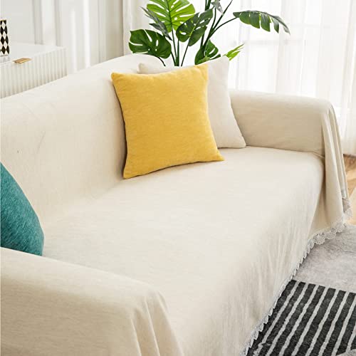 Bestdesil Beige Sofa Covers, Chenille Couch Covers For 3 Cushion Couch Sofa, Sectional Couch Cover For Dogs Cats, Boho Aesthetic Couch Cover With Lace Edge, 71" X 118" #TOP5