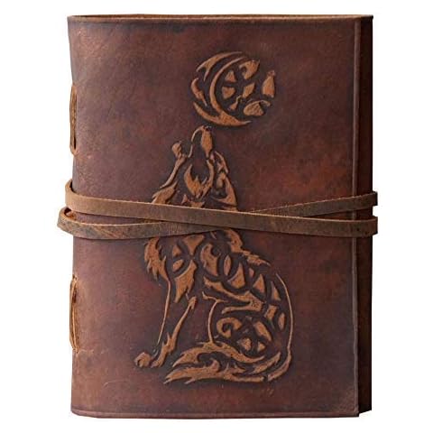 AGWANI HANDICRAFT Wolf Leather Journal Embossed Bound - Writing Notebook Handmade Daily Notepads for Men & Women Blank Paper Best Gift for Art Sketchbook & Notebook 7x5 Inches (Handmade Paper) Cover