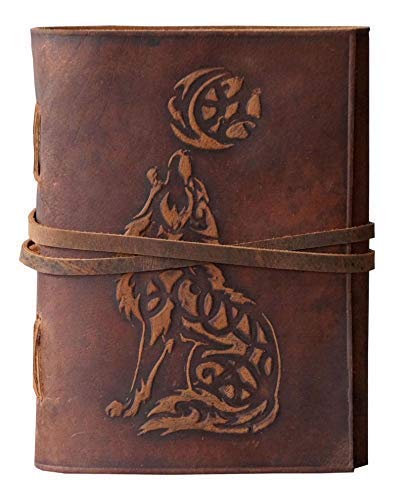 AGWANI HANDICRAFT Wolf Leather Journal Embossed Bound - Writing Notebook Handmade Daily Notepads for Men & Women Blank Paper Best Gift for Art Sketchbook & Notebook 7x5 Inches (Handmade Paper) - Handmade Paper