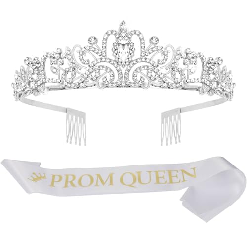 Lunaryvo Prom Queen Crown and Sash Set for Women Silver Crystal Tiara with Comb for Prom Graduate Party Homecoming Halloween Accessories