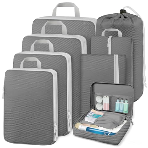 MUUKAIII Organizador Maleta,Set 8 en 1 de Compression Packing Cubes,Bolsas Organizadoras Viaje,Organizador Equipaje,Organizador Mochila Viaje,Organizador de Maletas para de Viaje,Ropa,Cosméticos,Gris