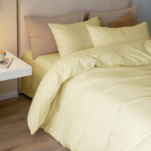 JIYUAN 100% Washed Cotton Duvet Cover Set 3 Pieces Cal King, 1 Duvet Cover 104x98 Inches(Comforter Not Included) and 2 Pillowcases,Linen Feel Bedding Set Comfy and Breathable,Light Yellow