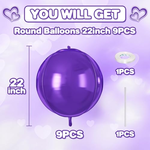 Image of 9 Pcs Purple Round Foil Balloons,22 Inch Dark Purple Round Balloons