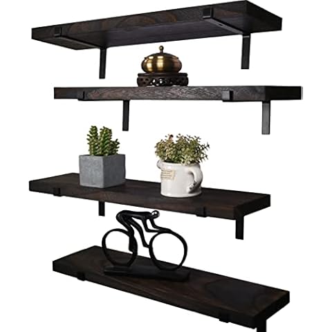 HXSWY 24 Inch Rustic Wood Floating Shelves for Wall Decor Farmhouse Wooden Wall Shelves for Bathroom Kitchen Bedroom Living Room Set of 4 Dark Brown Cover