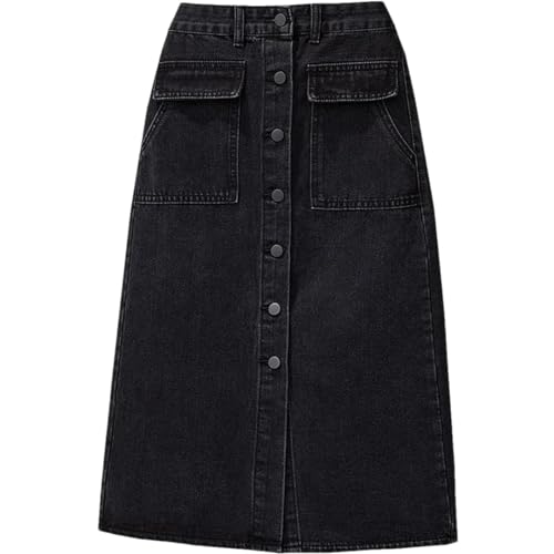 High-Waisted Single-Breasted A-Line Denim Skirt for Women, Elegant Slit Mid-Length Denim Skirt