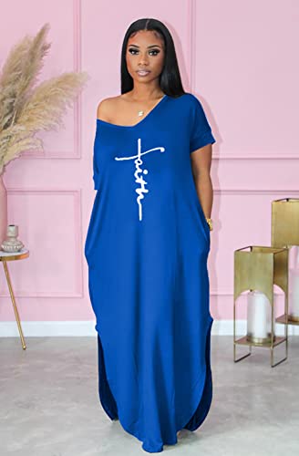 Image of Women Summer V Neck Loose Side Split Maxi Dresses with Pocket