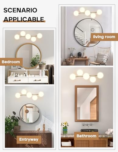 Image of 5-Light Bathroom Vanity Light, Bathroom Lighting Fixtures Over Mirror with Milk White Glass Shades, Modern Brass Gold Vanity Lights Dimmable Wall Sconce Wall Mount for Stairway, Bedroom, Hallway