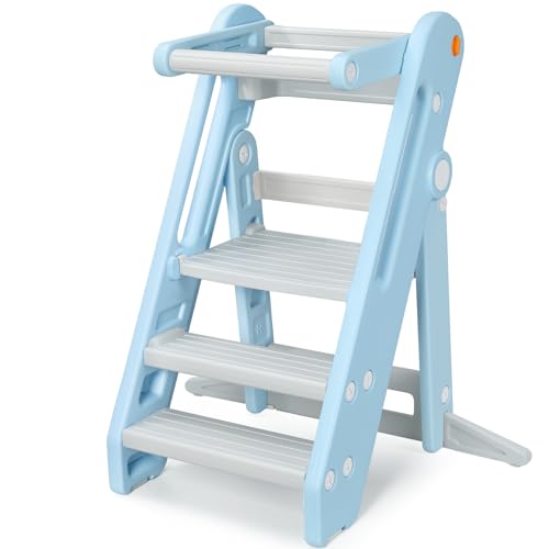 Image of Onasti Toddler Tower Kitchen Stool Helper, Foldable & Adjustable Height Kids Learning Stool for Kitchen Counter Bathroom Sink, Child Ladder for Toddlers with Handles, Safty Rail, Non-Slip Pads-Blue