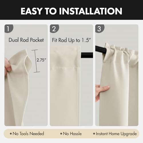 Image of MIULEE Cream Beige Room Darkening Bedroom Curtains 63 Inch Length 4 Panels | Solid Light Blocking Drapes, Room Thermal Insulation, Privacy Window Treatment Curtains,Top and Bottom Rod Pocket