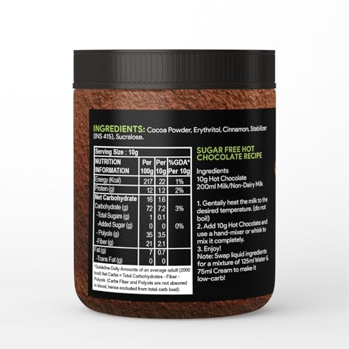 Image of Ketolab Sugar-Free Hot Chocolate Mix 200g. 1.6g Net Carb. Zero added Sugar, Low Carb, Low Calorie. Sweetened with Sucralose.