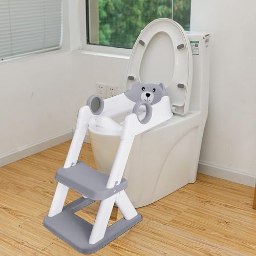 Kylinton® Potty Training Seat with Step Stool Ladder, Foldable Toddler Potty Seat, Training Toilet for Kids, Splash Guard Comfotable and Anti-Slip Pad for Boys Girls - New Grey