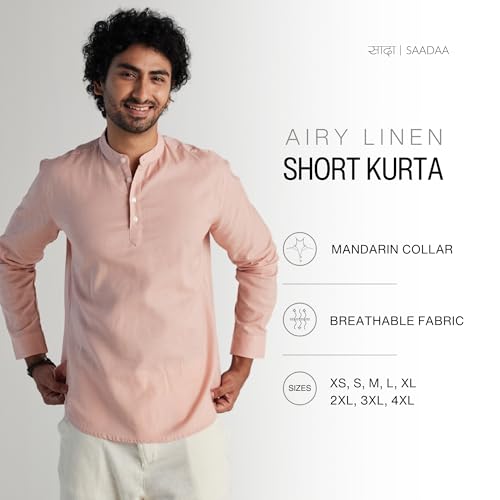 Image of SAADAA Men's Short Kurta - Linen Cotton Blend, Airy Fabric, Regular Fit, Mandarin Collar, Solid Color - Casual, Festive & Ethnic Wear