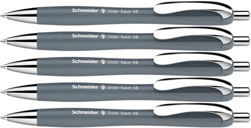 Schneider Slider Rave XB Kugelschreiber (Weiches Schreiben ohne Kratzen für lange Texte in Schule, Uni und Beruf) 5 Stück, Stadtgrau, Tinte: Blau