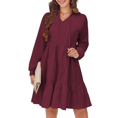 HUSKARY Baby Doll Dresses Women Fall Casual Tie V Neck Ruffle Tiered Tunic Dress Knee Length Cute Dresses with Pockets Burgundy Large