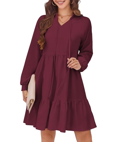 HUSKARY Baby Doll Dresses Women Fall Casual Tie V Neck Ruffle Tiered Tunic Dress Knee Length Cute Dresses with Pockets