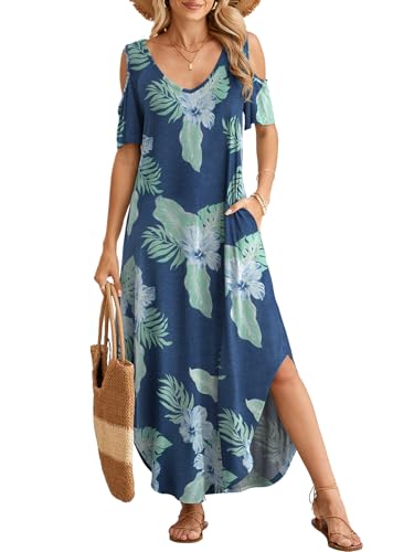 Image of BELAROI Womens Cold Shoulder Maxi Dress Plus Size V Neck Summer Sundresses with Pockets Beach Coverup Vacation Outfits