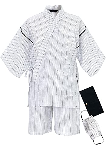 [KYOETSU] [キョウエツ] 甚平 3点セット(甚平、絹マスク、マスクケース) おしゃれ パジャマ 父の日 メンズ (L, (1)ストライプ 白)