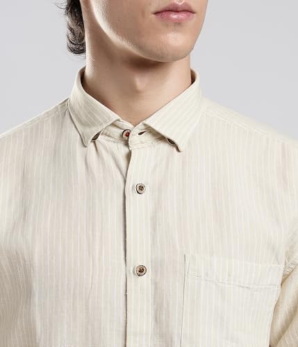 Image of TURMS Men's Casual Striped Linen Shirt | Water Repellent | Anti Stain Anti Odor | Kansas Linen | Concealed Button Down Collar | Full Sleeves