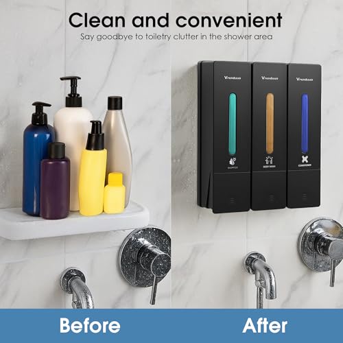 Shampoo and Conditioner Dispenser,Shower Dispenser 3 Chamber No Drill,Shower Soap Dispenser Wall Mounted for Bathroom Hotel with Upgrade Pump Head,3 * 400ml (Black 3 Chamber) by VrEnduuo - Image 2