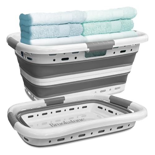Image of Brookstone 11 Gal Collapsible Laundry Basket With 3 Handles, Hip Hugger Design, Non-Slip Comfort Grip, Lightweight BPA-Free Space Saving Pop-Up Hamper, 24 In, Portable and Sturdy, Light Gray
